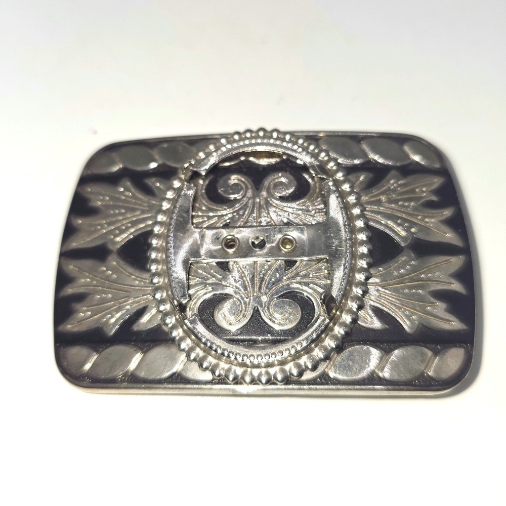 Vintage Silver Tone Western Belt Buckle Blank Black Filigree Scrollwork 30x40mm